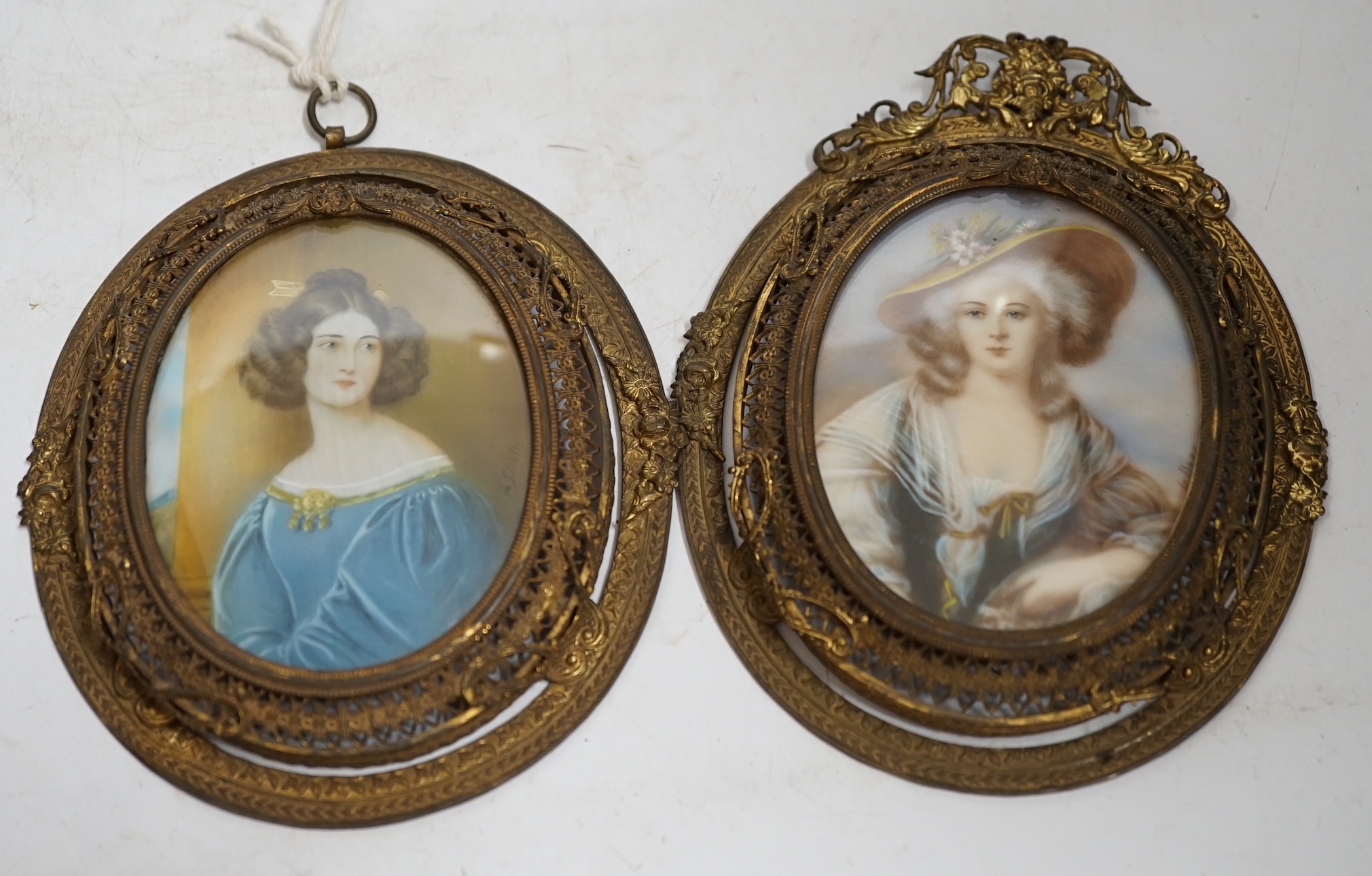 J Steiler, miniature on ivory, portrait of Anna R Kaula, and another Le Beau, c.1900, in pierced gilt-metal frames. CITES Submission references G2TXJBBQ & Submission reference MS6J4TYA. Condition - fair